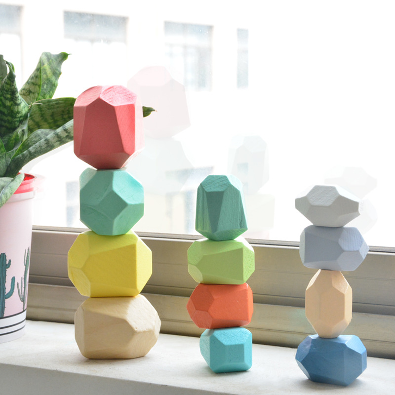 Wooden Colorful 10pcs Stone Building Block Stacking Game Toy Block Construction Toys For Children