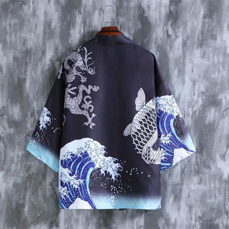 WholesaleJapanese Obi Male Yukata Men's Haori Japanese Wave Carp Print Coat Traditional Japan Clothing Kimono Cardigan