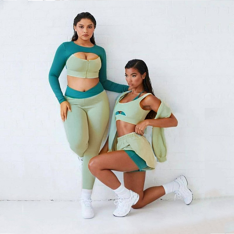 Vintage Women Zipper Open Hollow Out Yoga Bra Patchwork Coloblock Gym Leggings Fitness Tracksuits