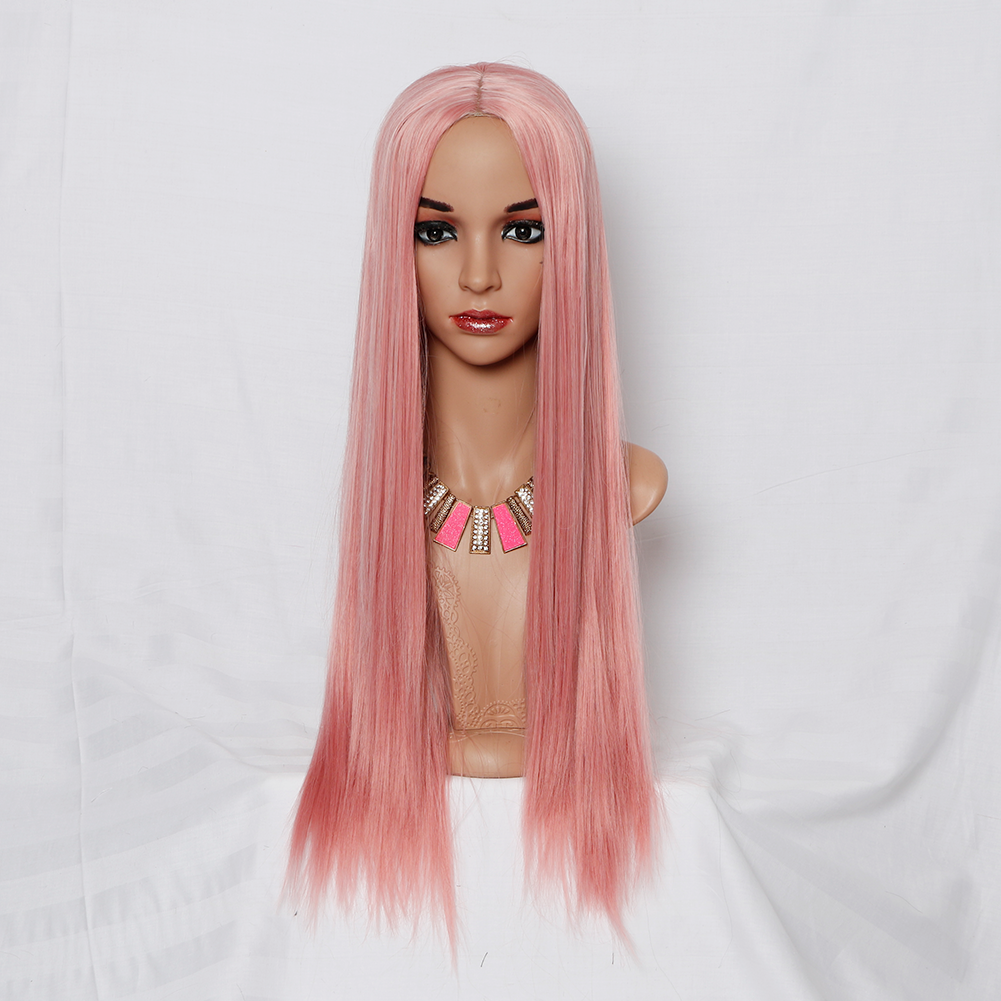 Hot sale 30 Inch Long Pink Color straight Hair wigs Daily and Party Synthetic hair wig