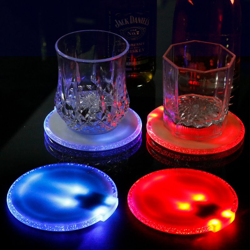 RICHSHINING OEM customized Acrylic 10cm diameter flashing led for cup coaster Gravity sensor led bottle pads display for Vodka