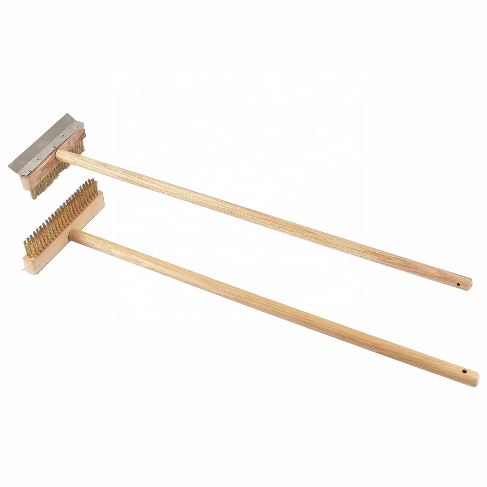 Factory Sell Wooden Handle Brass Pizza Oven Brush with Stainless Steel Scraper Baking Oven Tools