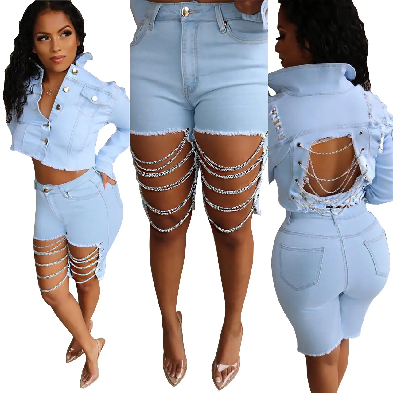 Fashion Hollow Out Chain Washed Denim Shorts Ripped Denim Jean Shorts Women