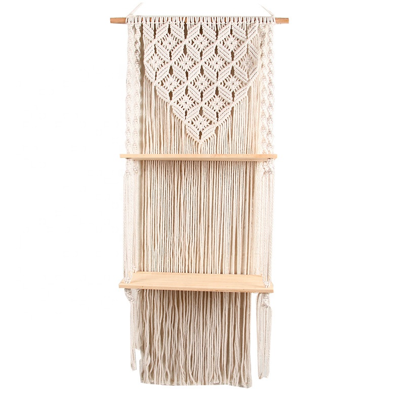 BODI Woven Macrame Plant Hanger Rope Pot Hanging Holder with Double Wooden Shelf Wall Hanging Decor