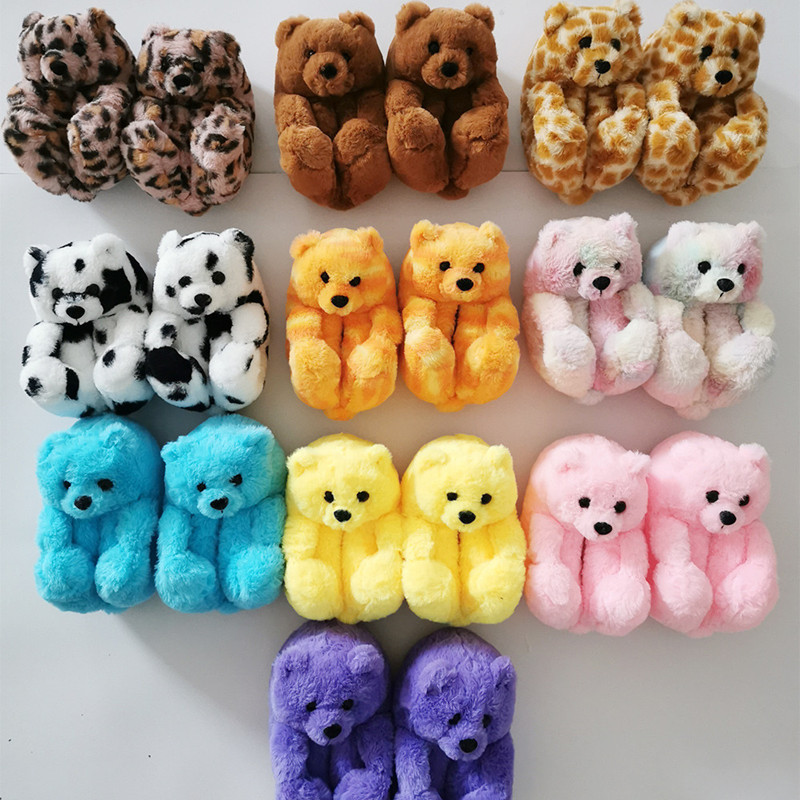 New Home Indoor Women Kids Winter Warm Furry Fur Slides Cartoon Animal Fluffy Plush House Teddy Bear Slippers