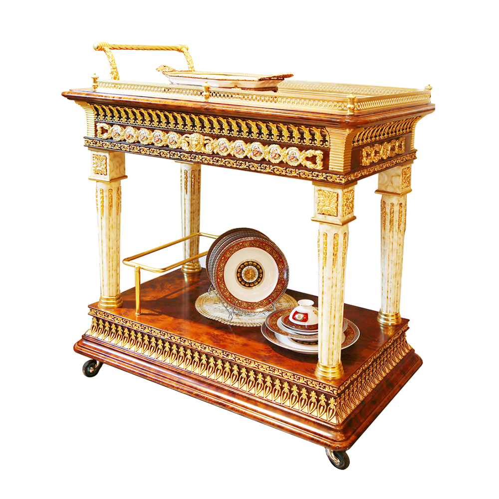 Classic Revival French Louis Reproduction Gold Plated Brass and Burl Wood Finished Serving Tea Trolley Cart