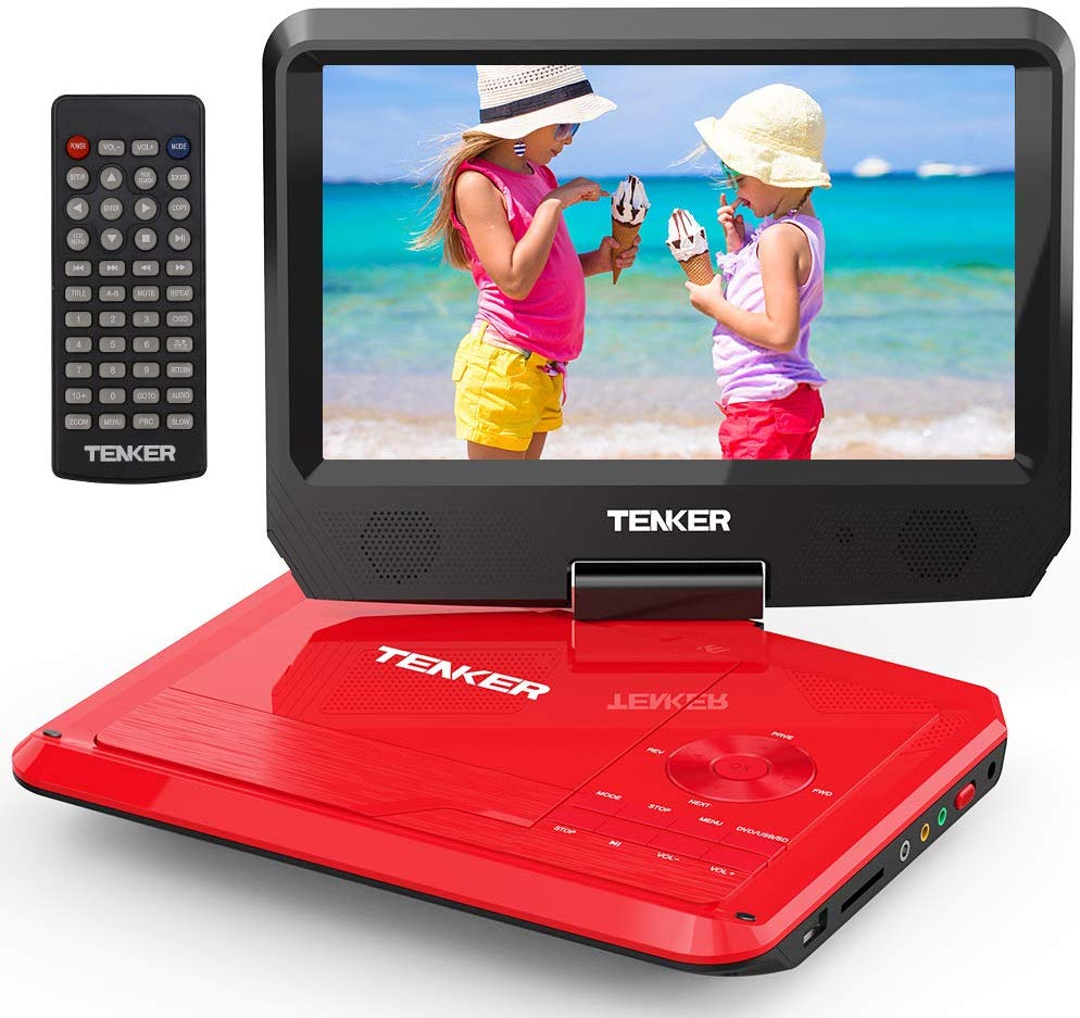 TENKER 9,5 "Портативный dvd-плеер с поворотным экраном, перезаряжаемой батареей и слотом для sd-карт и usb-портом