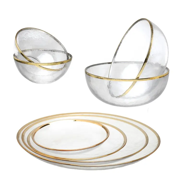 Glass High Quality Soup Noodle Salad Bowl With Gold Rim and Clear Round Glass Cake Dishes Plate Set For Home Dinnerware