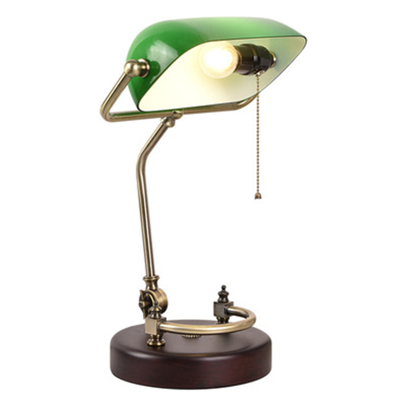 Table Lamp Green Glass Reading Light Office Bedroom Study Bed Side Led Desk Lamp Wooden Base Banker Classical Table Lamp