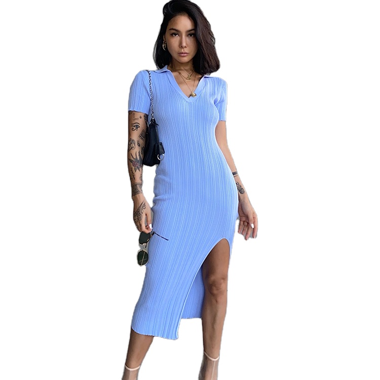 2021 summer hot sale knitted short-sleeved side pullover solid color split mid-length V-neck hip high waist dress