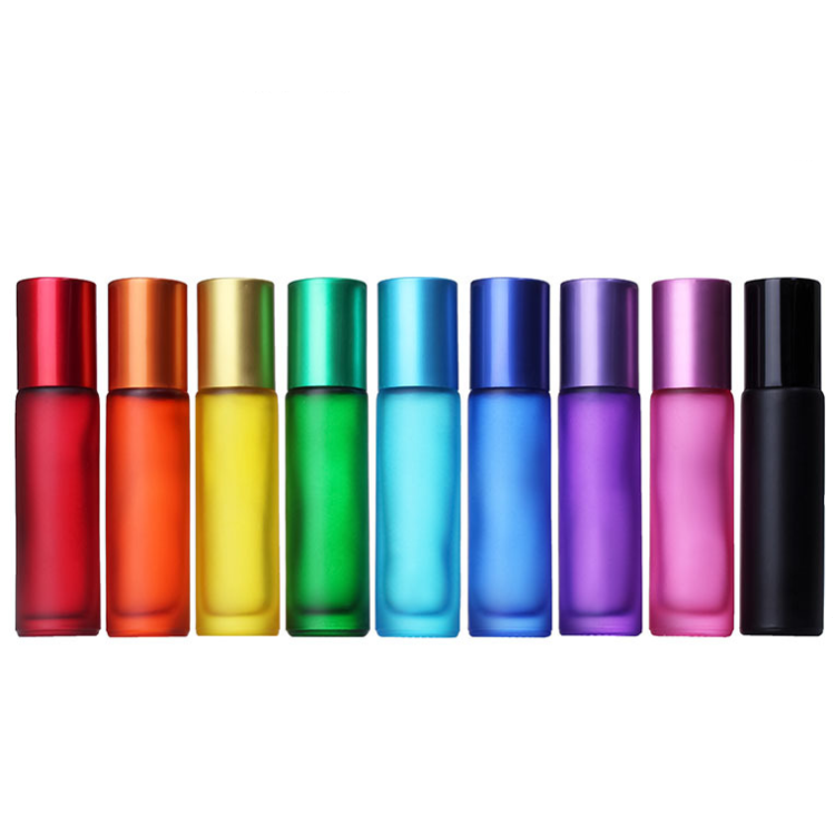 Wholesale empty essential oil roller bottle container 10ml frost clear amber blue glass roll on perfume bottle with metal ball