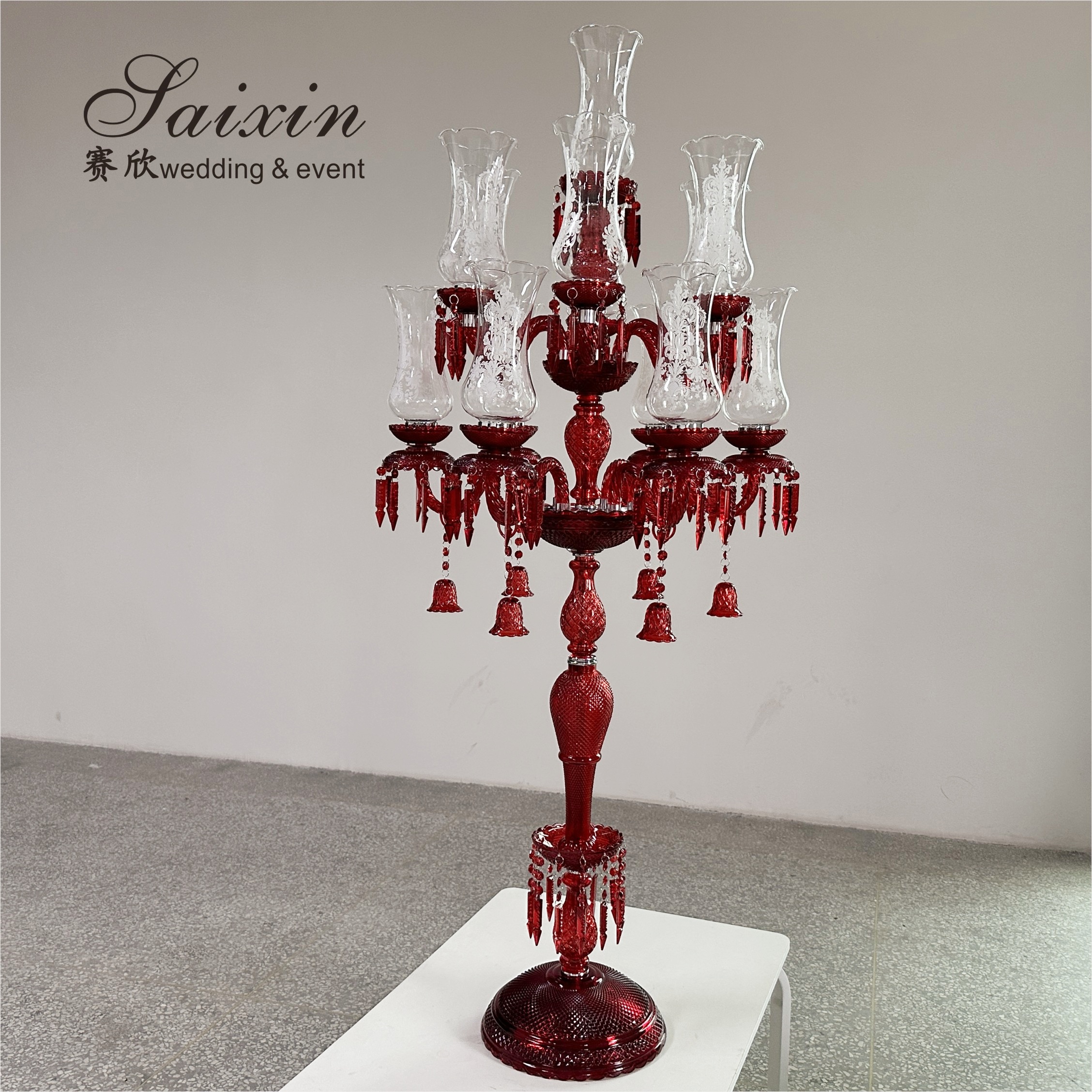 Romantic Centerpiece Tall Wedding Table Decoration 13 Arms Red Crystal Candelabra
