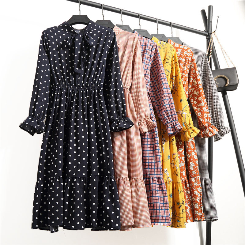Autumn Vintage Long Sleeve Bow Midi Dress Women Summer Casual Style Floral Printed Chiffon Dress