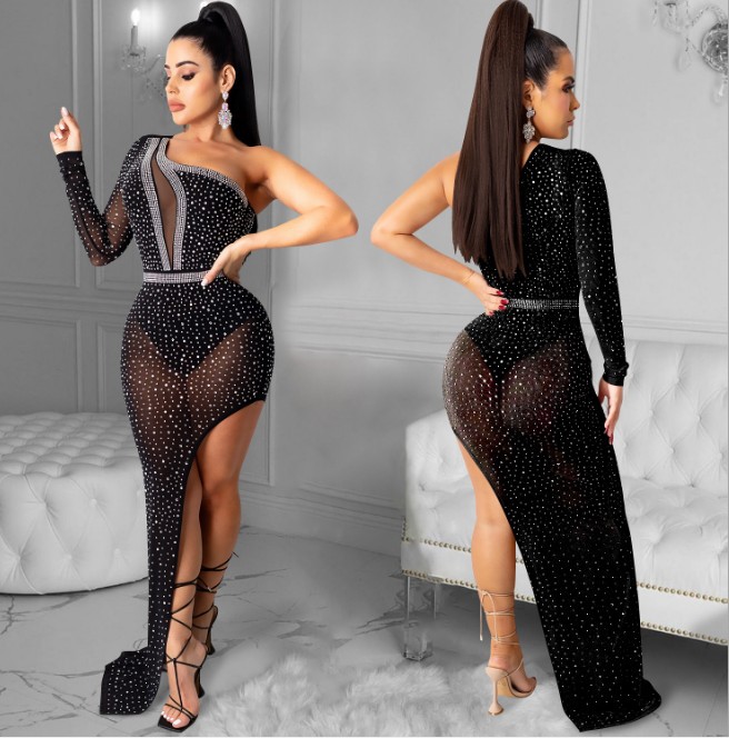 2021 Sexy women party mesh see-through dresses diamond one shoulder free panties irregular evening dresses for club