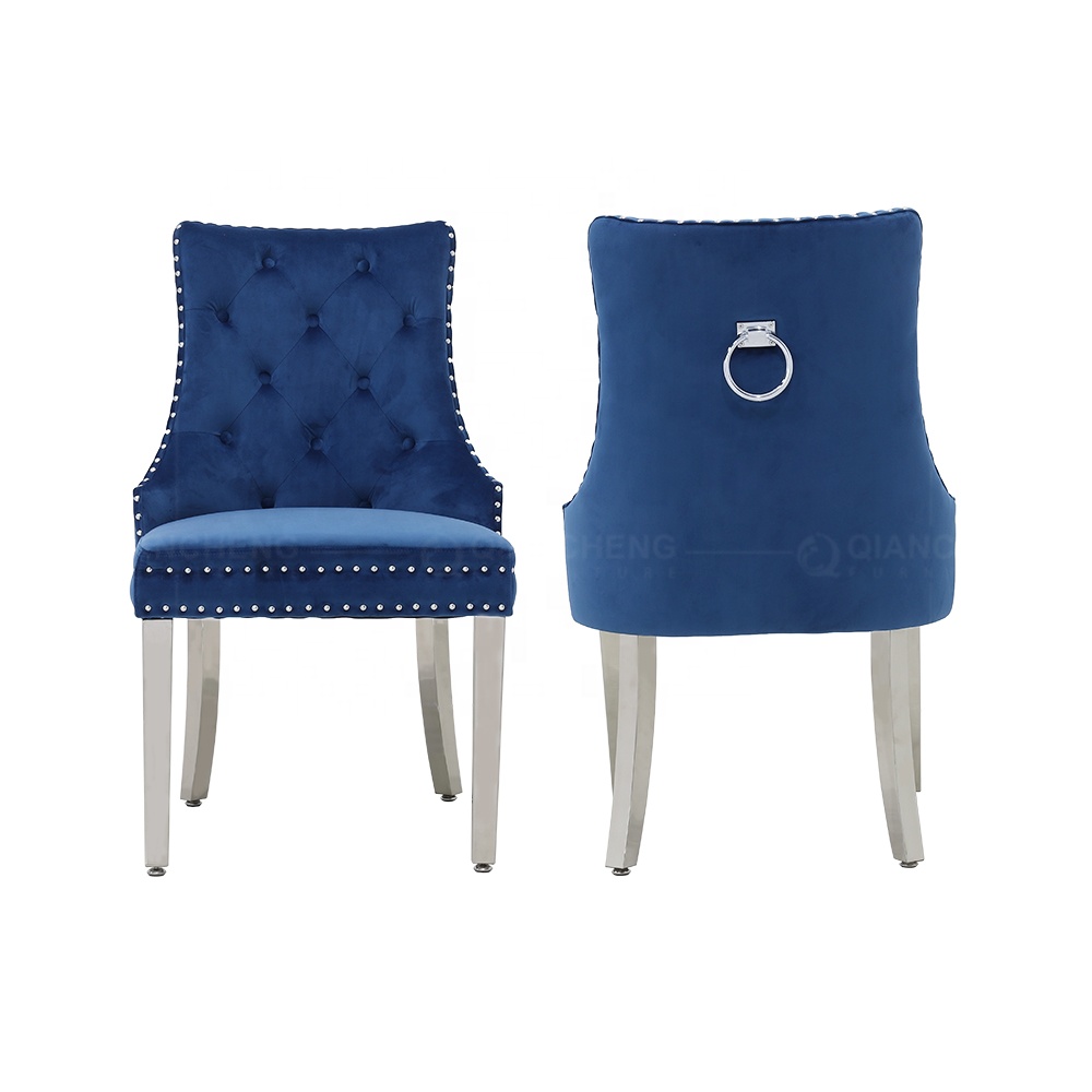 Wholesale nordic upholstered dinning room chair modern luxury furniture button tufted fabric velvet stainless steel dining chair