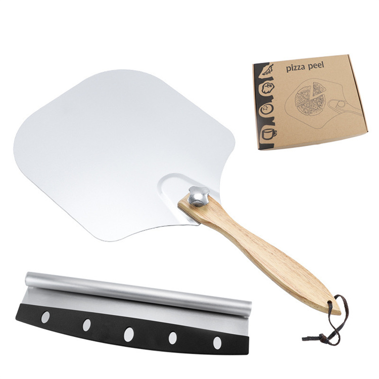 Wholesale Wooden Handle Aluminum Pizza Peel Pizza Cutter Foldable Pizza Making Tools Set With Packing Box