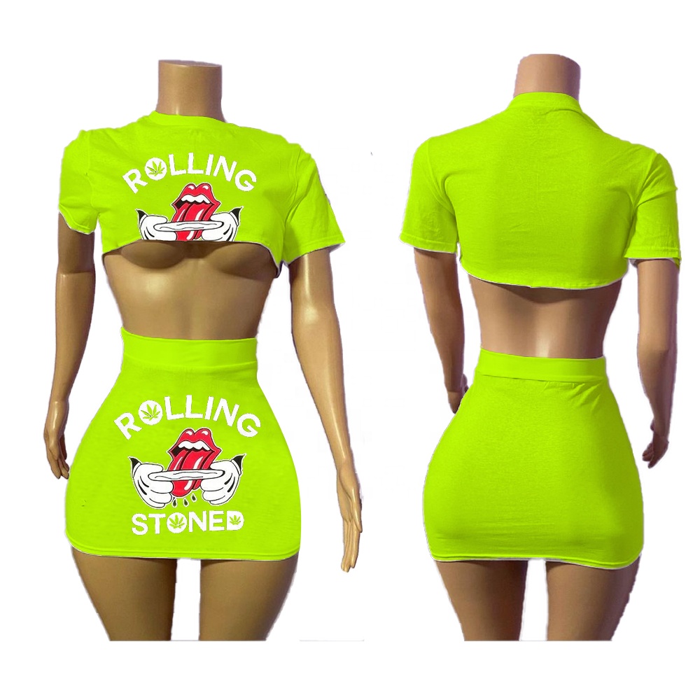 Custom Pattern Logo Set New Skirt Sets 2 Piece Women Short Sleeve Crop Top Tigh Hip Skirt Two Piece Sets