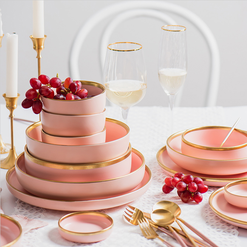Custom Nordic style pink gold rim wedding dishes ceramic porcelain plates dinnerware sets