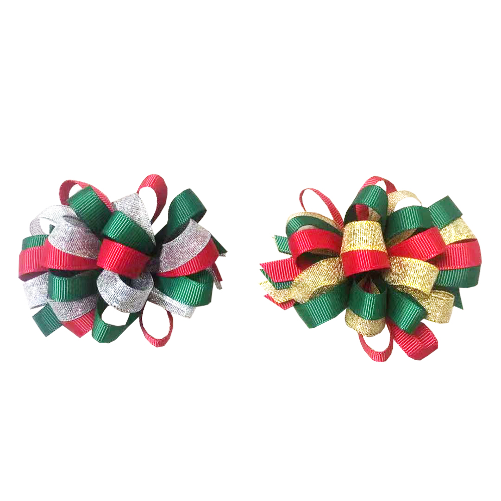 Curly korker hair bows with gold and silver ribbon christmas colorful hair clip for girls