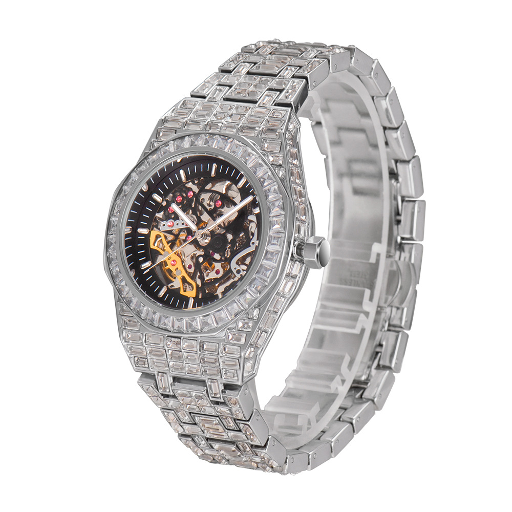OEM high-end custom logo full square diamond wrist watch luminous hollow-out men mechanical watch
