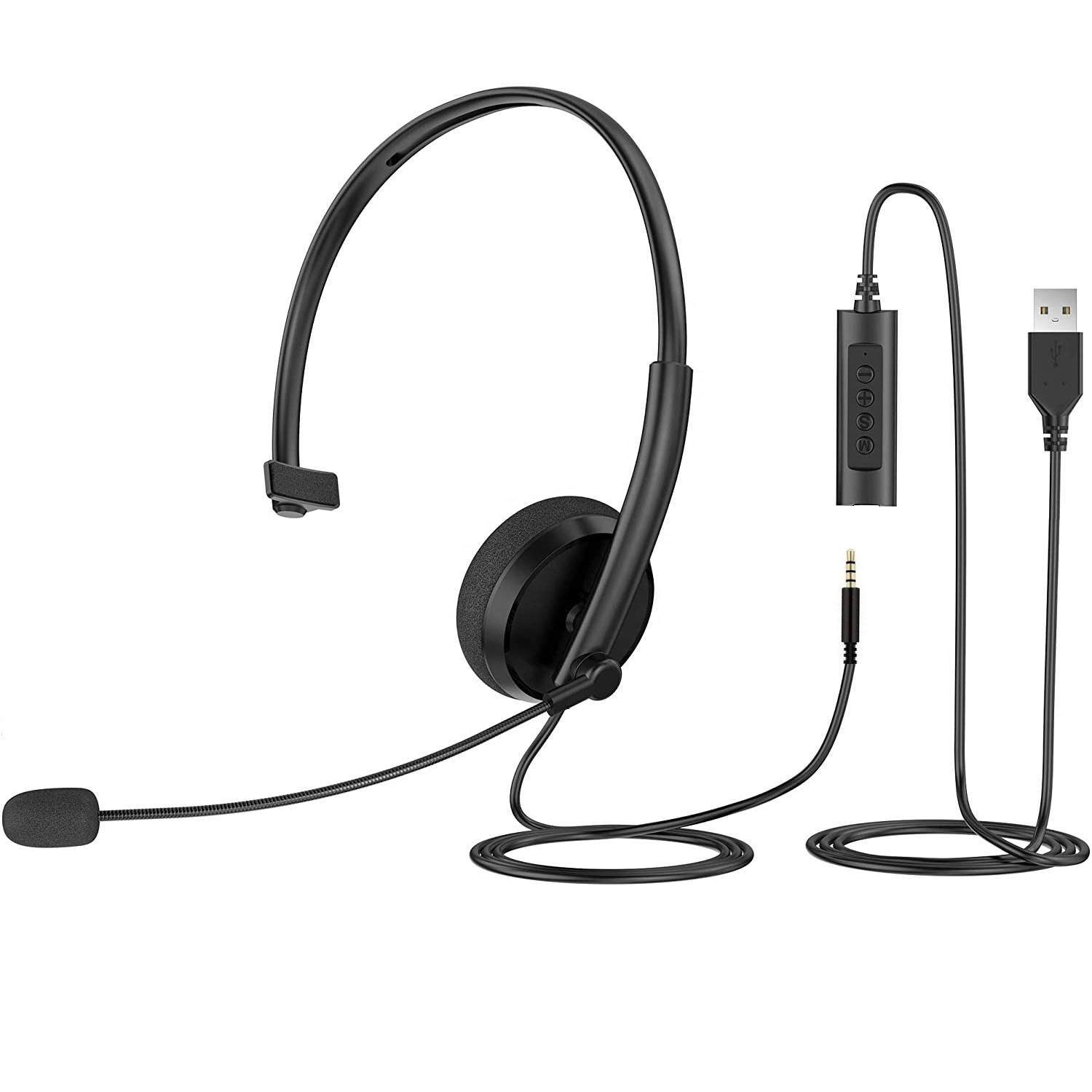 2 in 1 Mono Wired Call Center Telephone Headphone with USB Stereo Headset Microphone for Computer & Phones