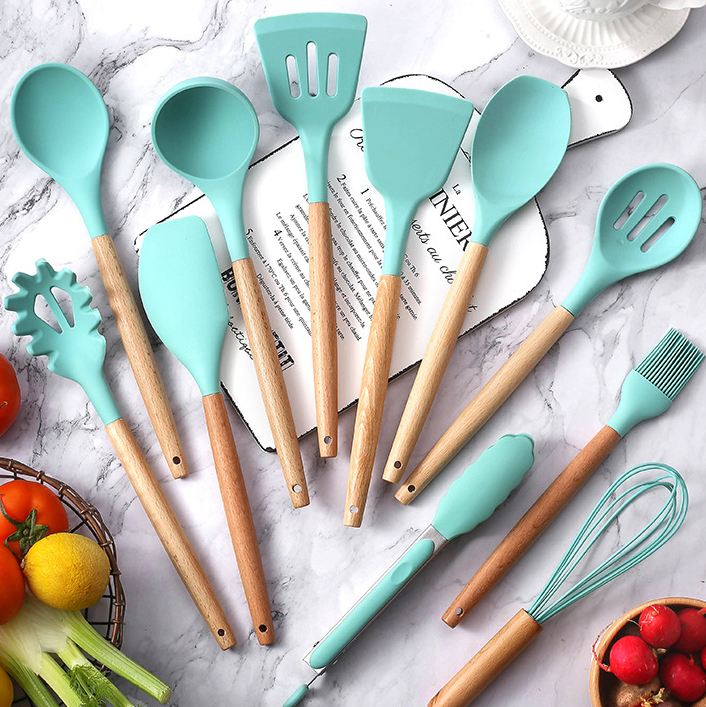Heat resistant kitchen accessories cooking utensil kitchenware non stick food grade wooden handle silicone kitchen utensils set