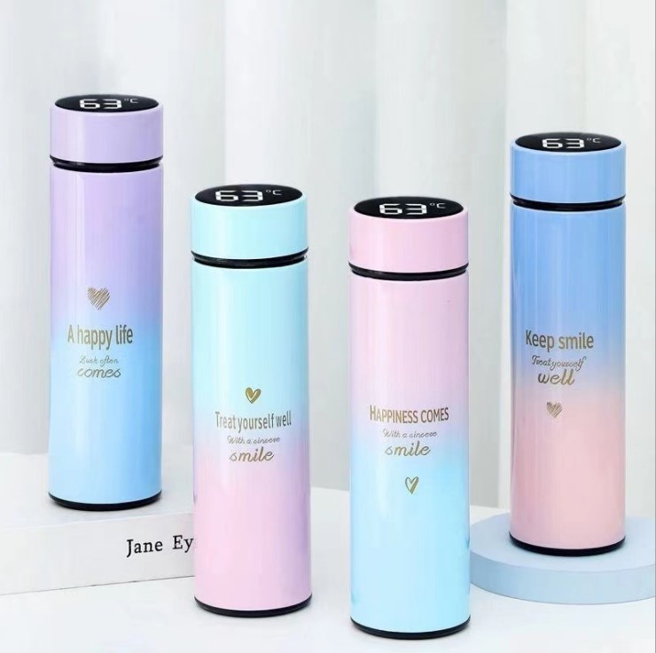 Gradient color Eco friendly custom stainless steel insulated vacuum flask double wall water bottle smart temperature display