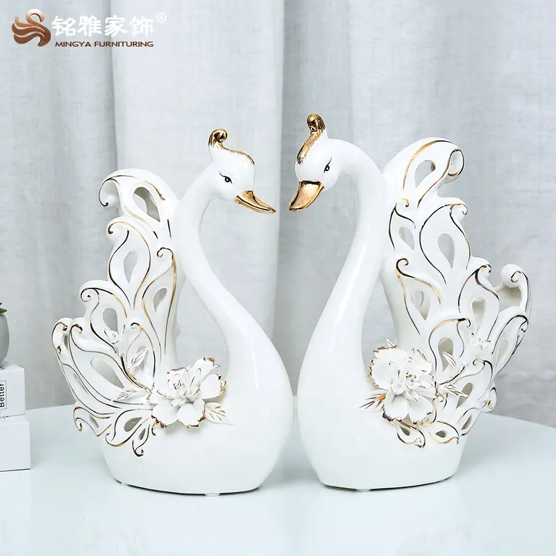 Wedding gift porcelain small white swan statue home decoration hollow carved ceramic sculpture