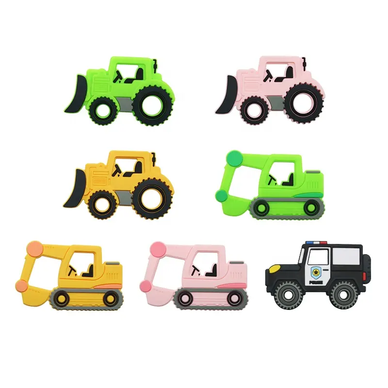 Christmas wholesale new arrival bpa free funny police car excavator silicone baby teether