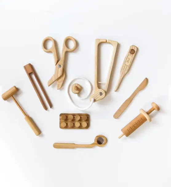 handcrafted wooden doctor set Wooden Doctor Toy Set Soothes Fears, Encourages Play and Aids Deve