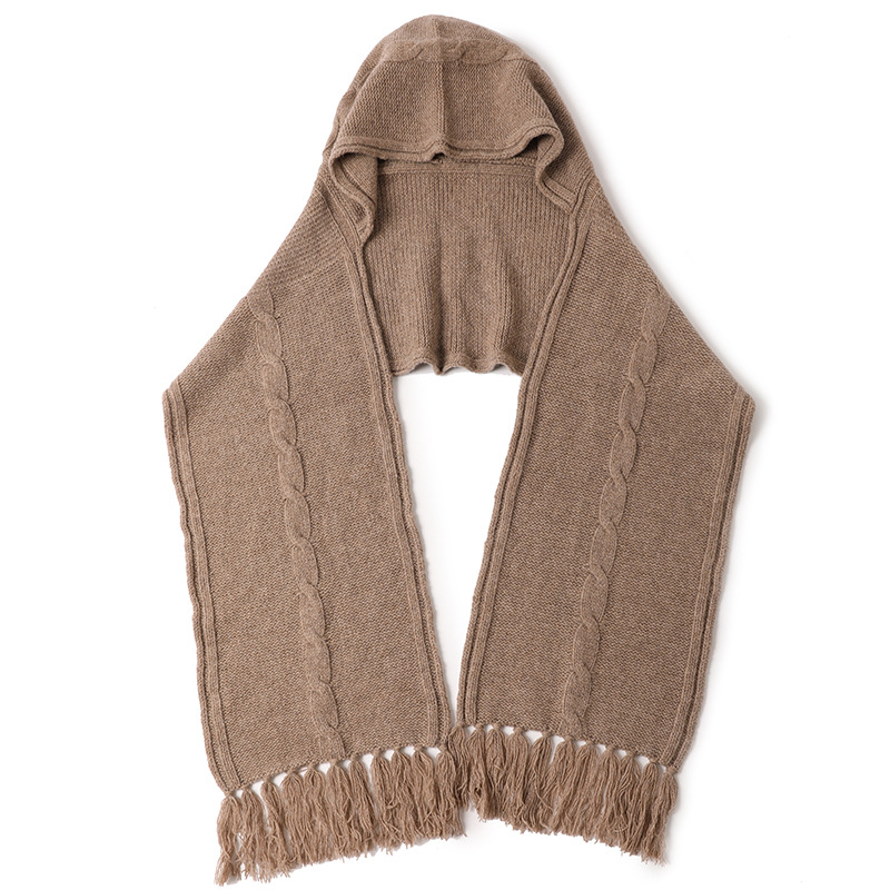 2021 Autumn and Winter New Yak Velvet Plus Wool Plain Hood Knitting Women with Hat Shawl Scarf Pashmina Hooded Shawl 30*73cm