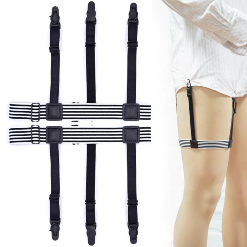 wholesale mens black white stripe non-slip locking clamps adjustable shirt garter suspender