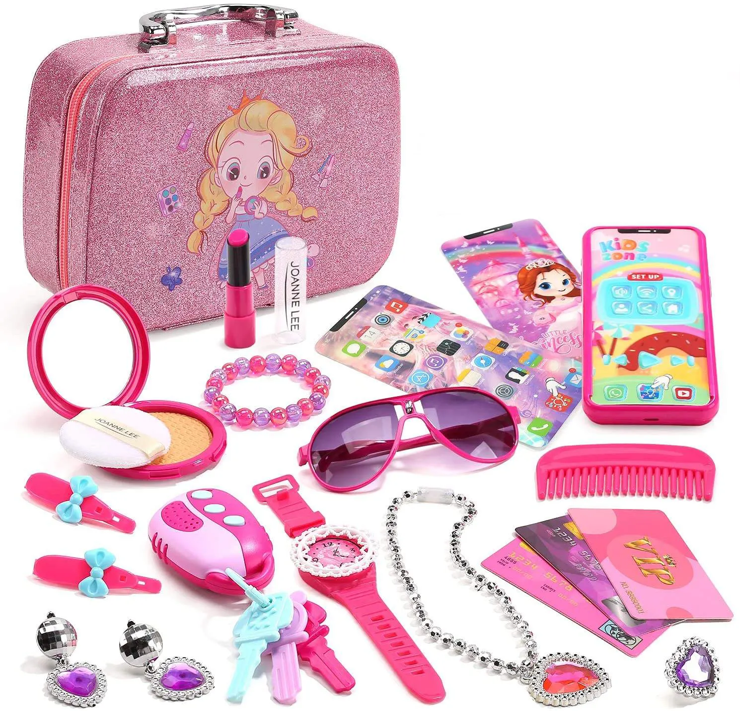 O WOWZON BJ1281 Baby Girls Pretend Play Makeup Kit Toys 32 Pcs Princess Fashion Purse Makeup Kit Toys for Kids