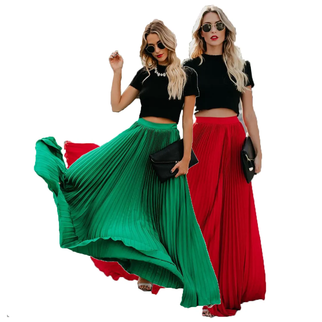 Fashion Ladies Summer Boho Flared Pleated Skirt Set A-line Maxi 2021 Long Womens Skirts
