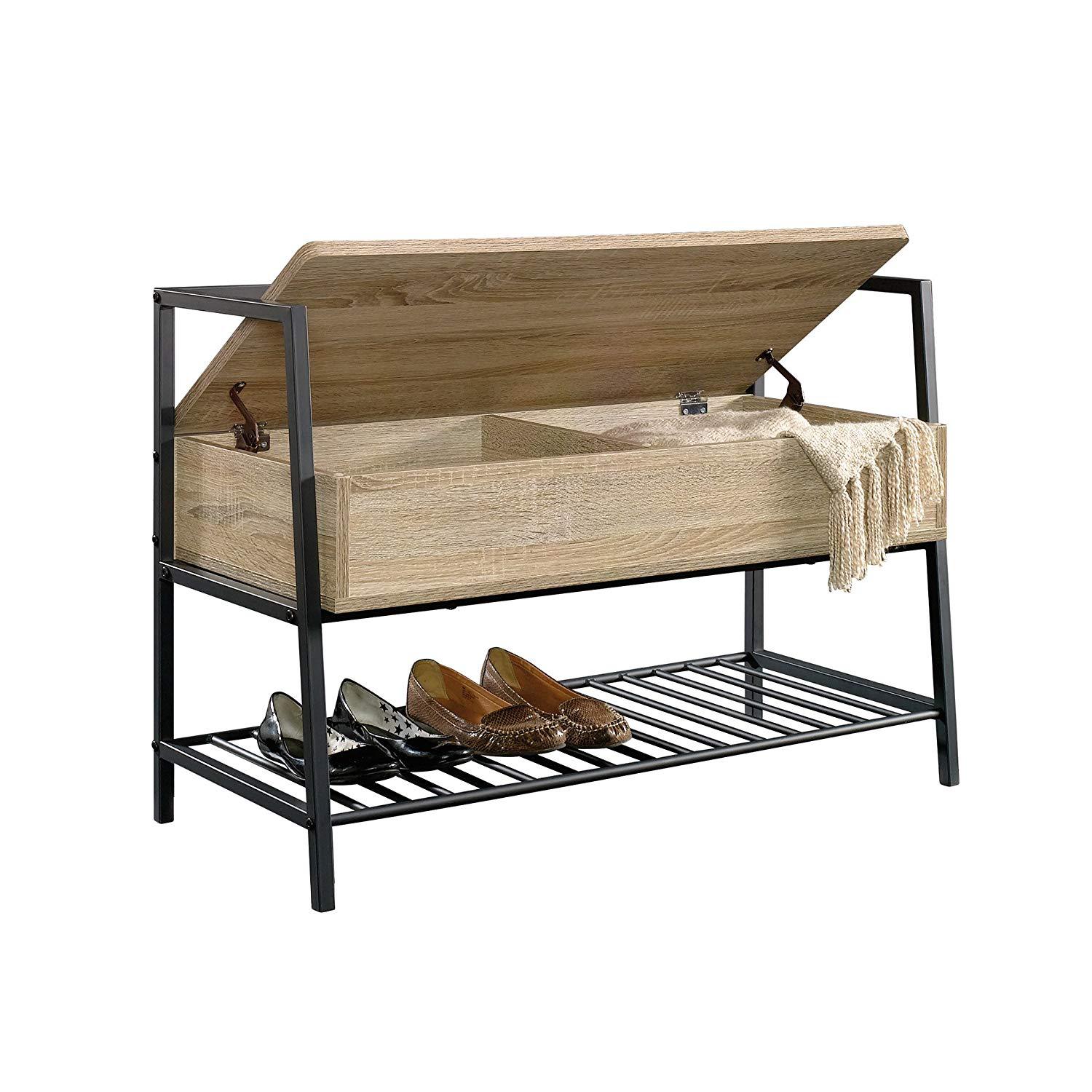 XJ3004JJ Vintage Metalic & Wood Free Standing Design Flip Bench Reliable Shoe Rack Box Iron Cabinet Storage Space For Home Door