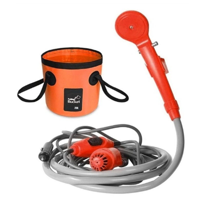 Outdoor Handheld 12V Electric Shower Pump with 20L Bucket PVC Portable Backpacking Camp Shower