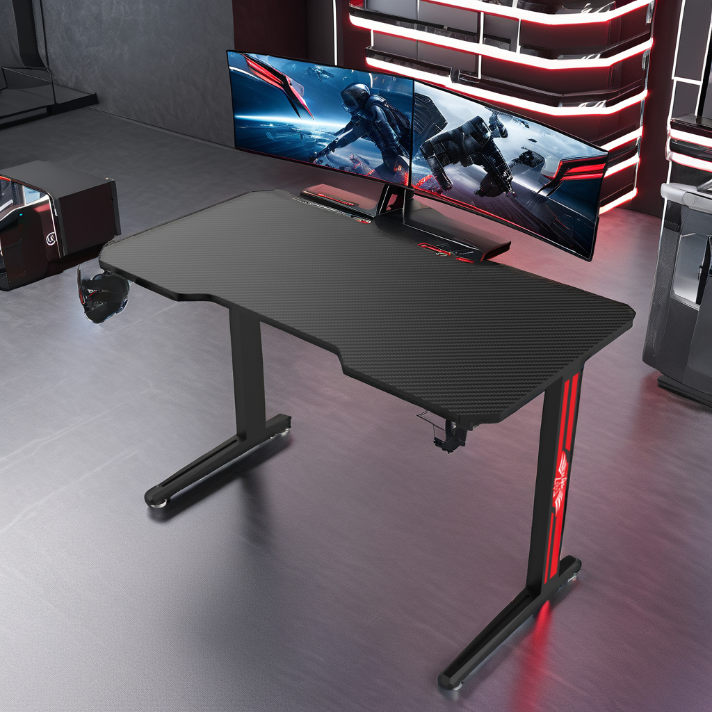 120cm RGB LED Gaming Desk with Carbon Surface Metal Material for Computer Gaming Table with Headphone Hook and Cup Holder