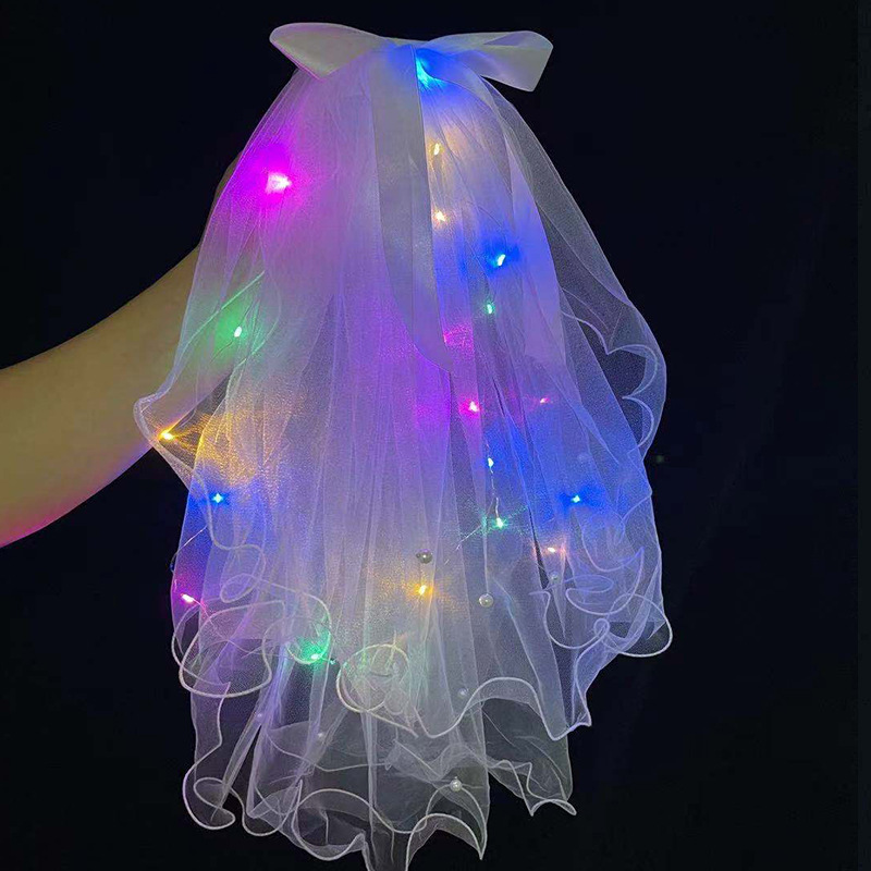 Womens Church Cathedral Mariage Voile Ribbon Bowknot Two Layer Beaded Wedding Bridal Pearl Ribbon Led Vail Veils