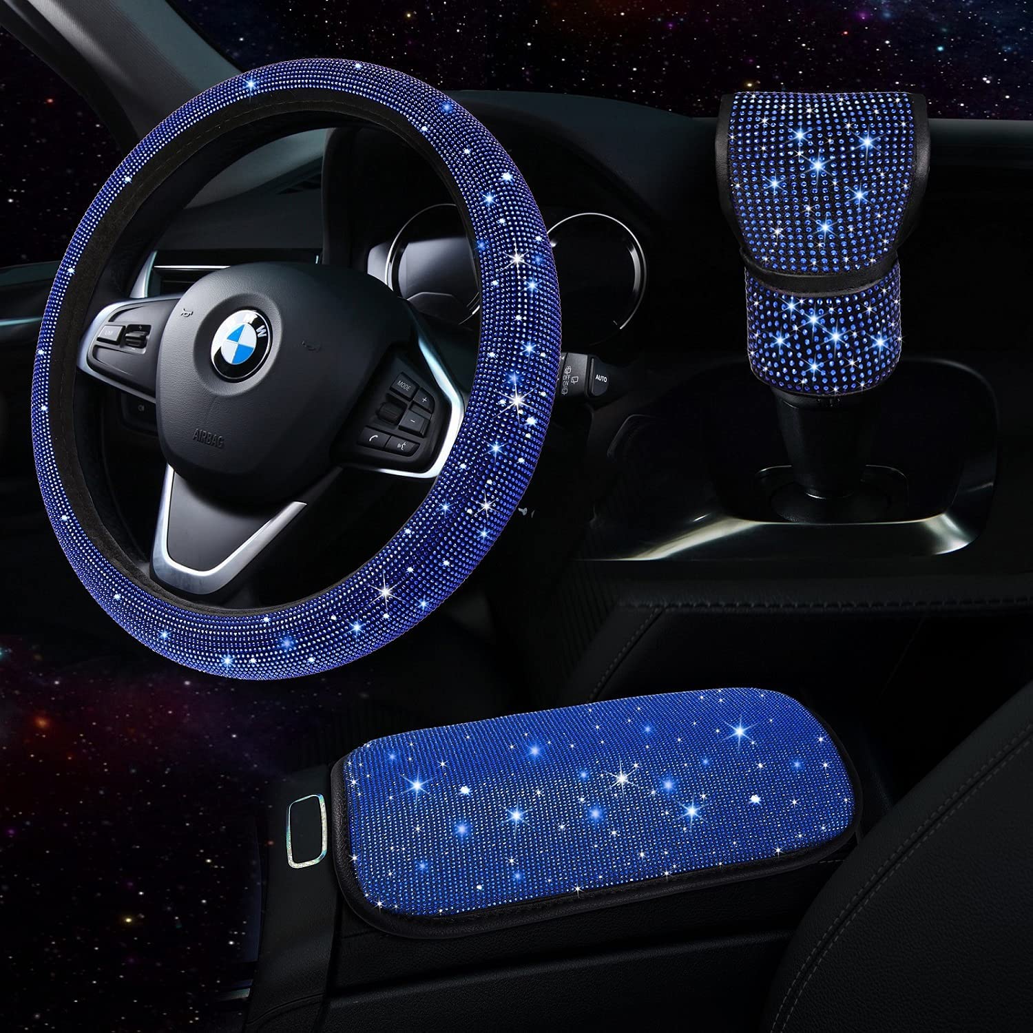 Аксессуары для автомобиля Bling, комплект из 3 предметов, чехлы для центральной консоли рулевого колеса со стразами, для женщин