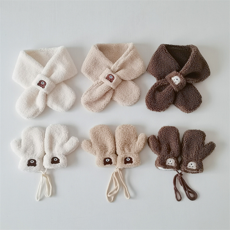 2-7Year Bear Winter Baby Scarf Gloves Set Faux Lamb Wool Korean Warm Kids Neck Warmer Mittens