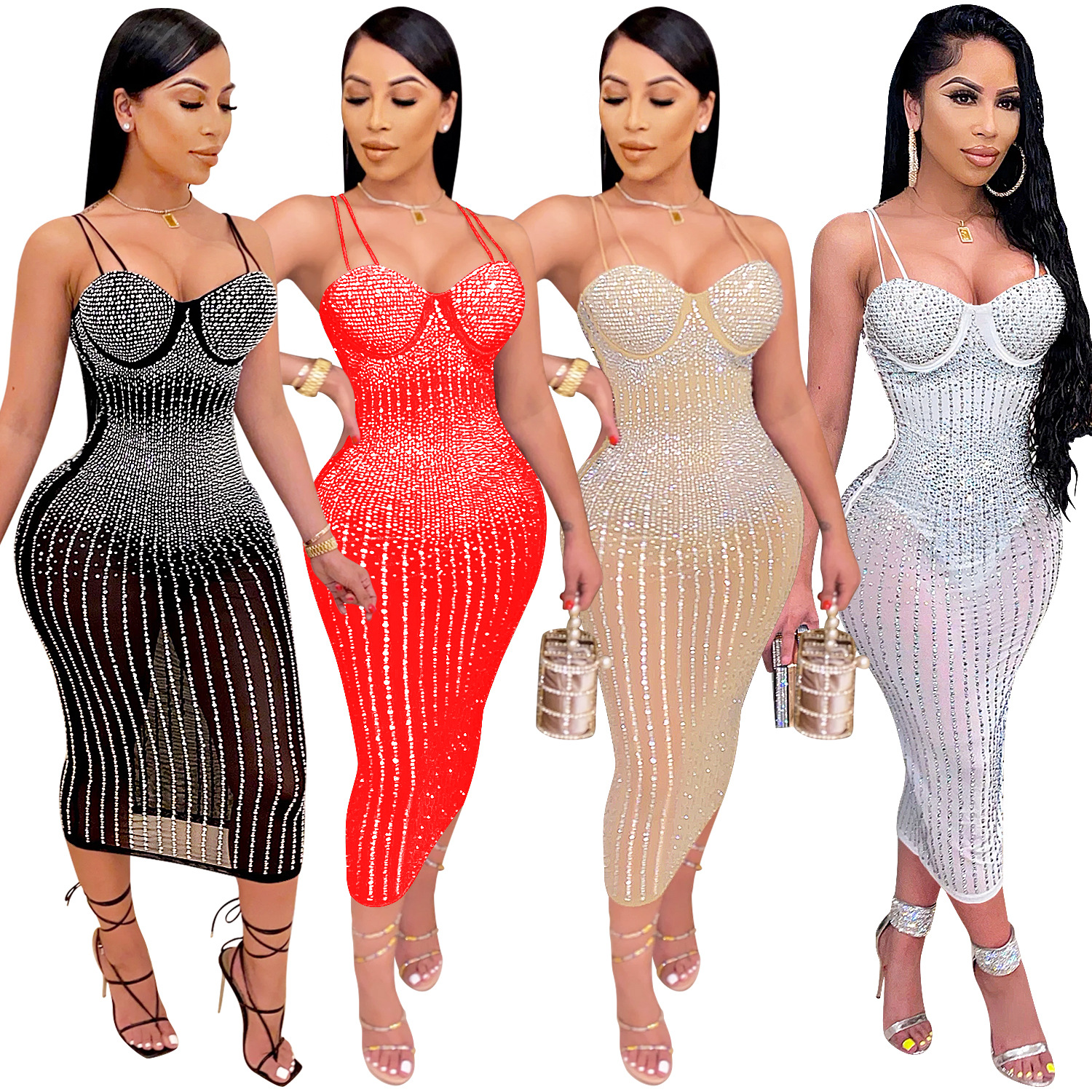 SAX3805 diamonds spaghetti straps cocktail club party wear long sexy women mesh dress with rhinestones
