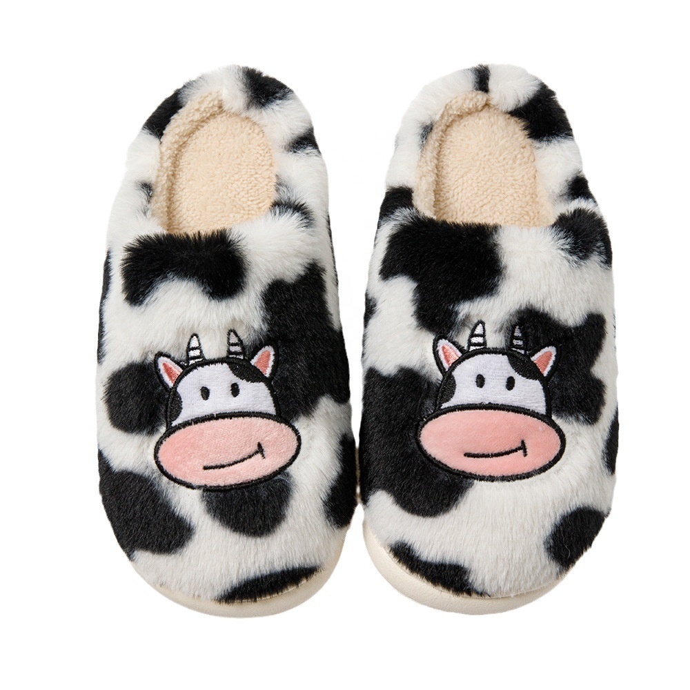 RTS Women Fuzzy Cute Cartoon Cow Cotton Slippers Cozy Fuzzy Animal Slippers Indoor Outdoor Winter Embroidery Cow Warm Slippers