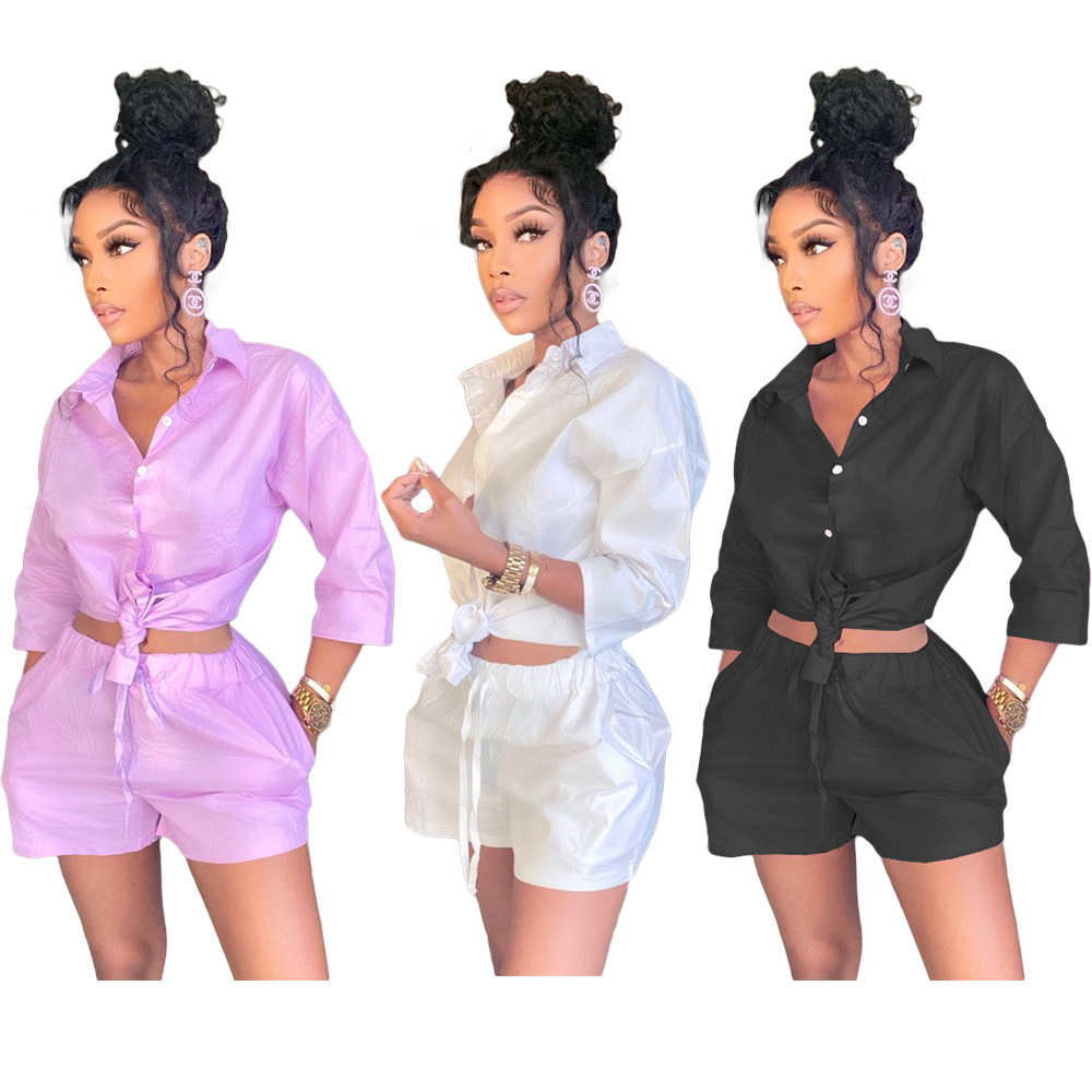 Autumn long sleeves solid color shirt women 2 pieces pants sets