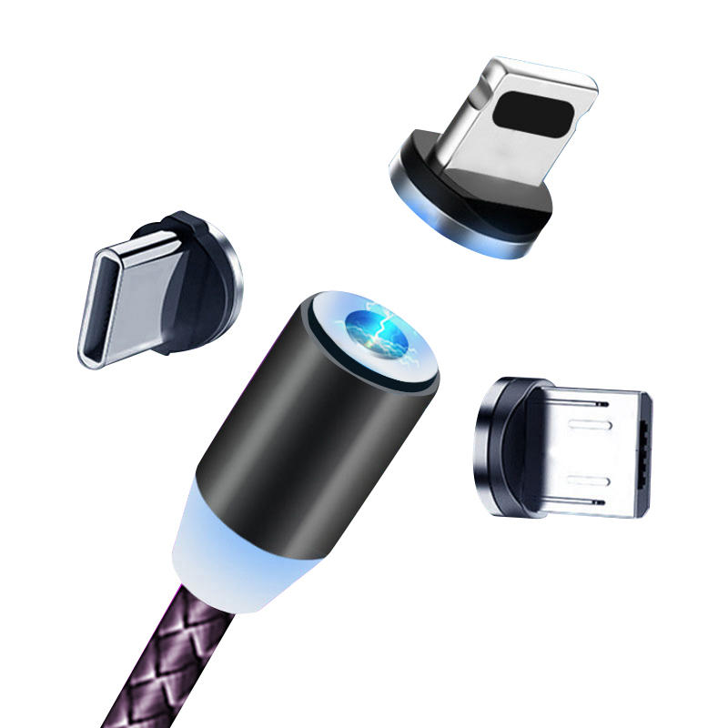Магнитный USB кабель PUJIMAX 3 в 1 для iPhone и USB Type-C и Micro USB нейлоновая оплетка со светодиодной подсветкой