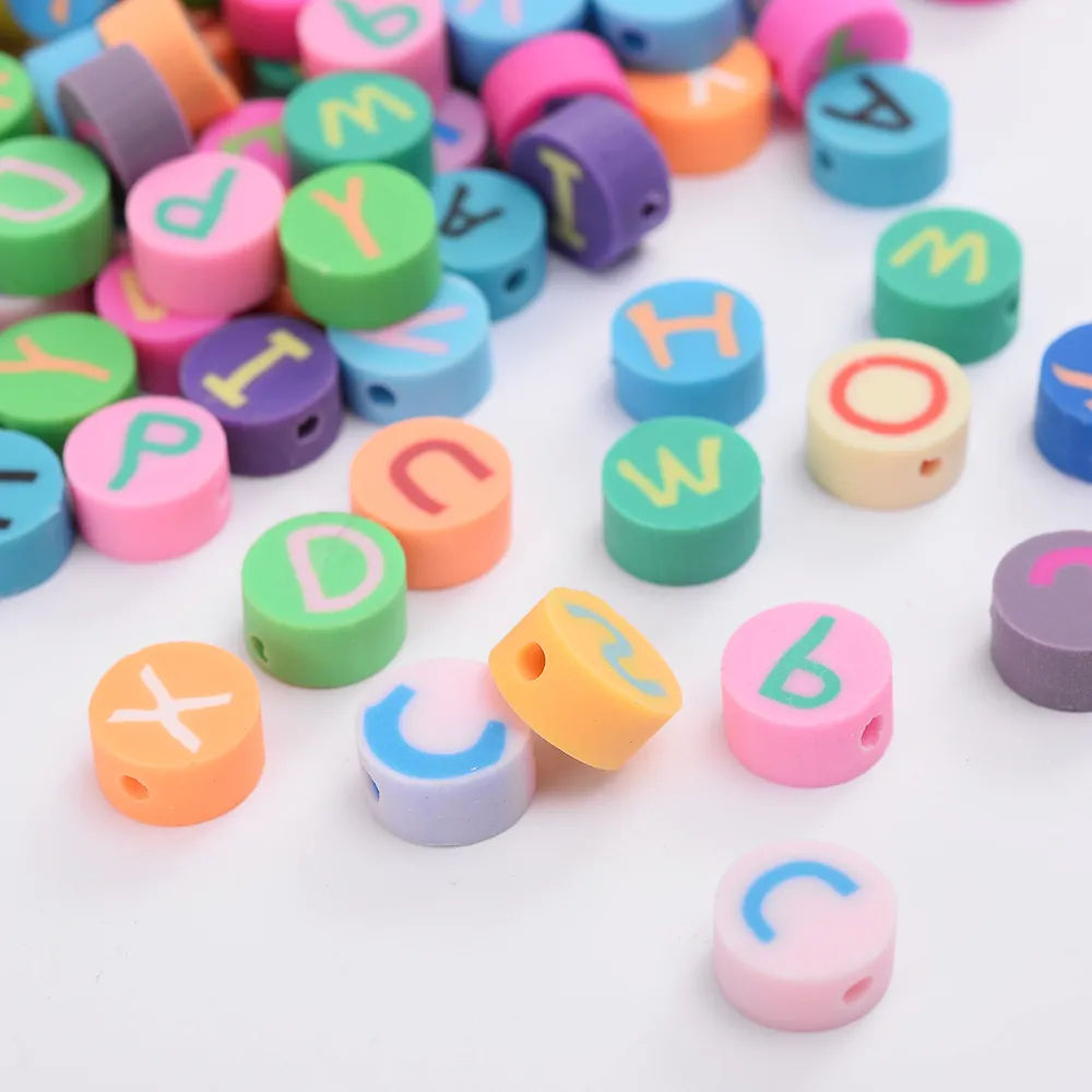 50Pcs 10mm Cute Letter Beads Polymer Clay Beads Cartoon Alphabet Spacer Loose Beads for Necklace DIY Bracelet Accessories