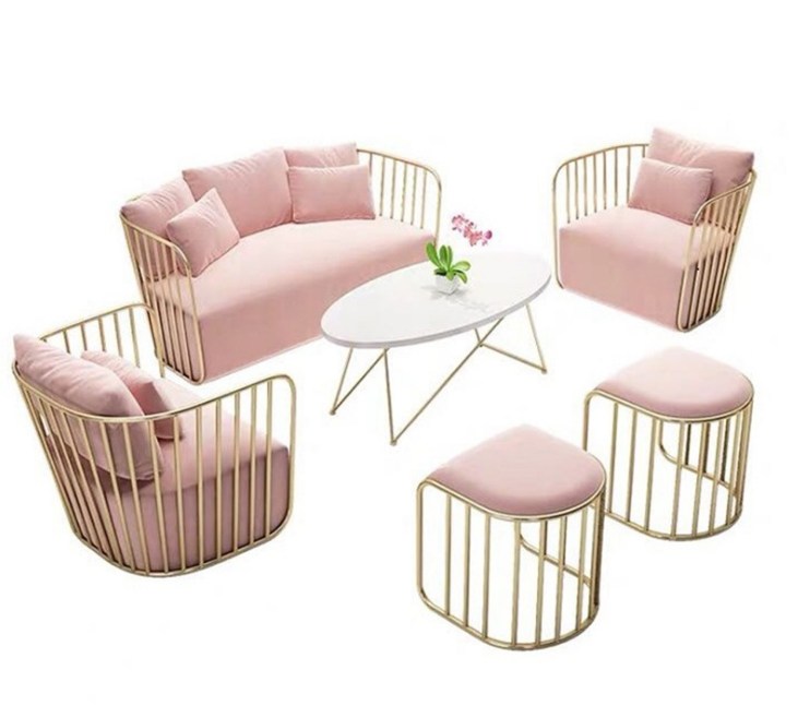Modern pink velvet beauty salon waiting area nail hair barber waiting sofa