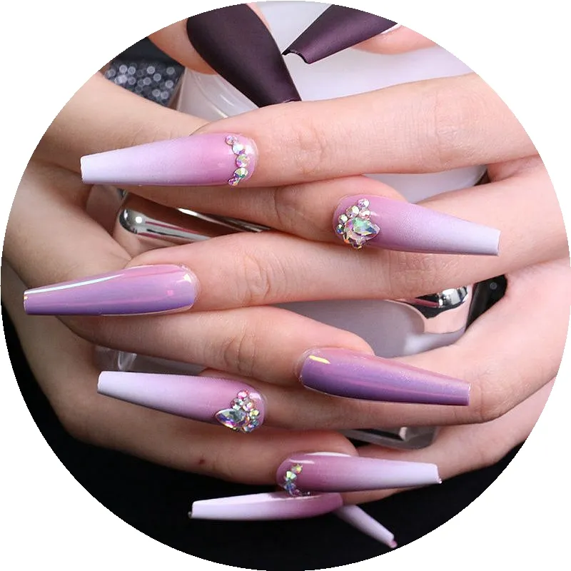 30Pcs/Box Packing Gradient Press On Nails With 3D Rhinestone Long Coffin Nail Tips Artificial Fingernails