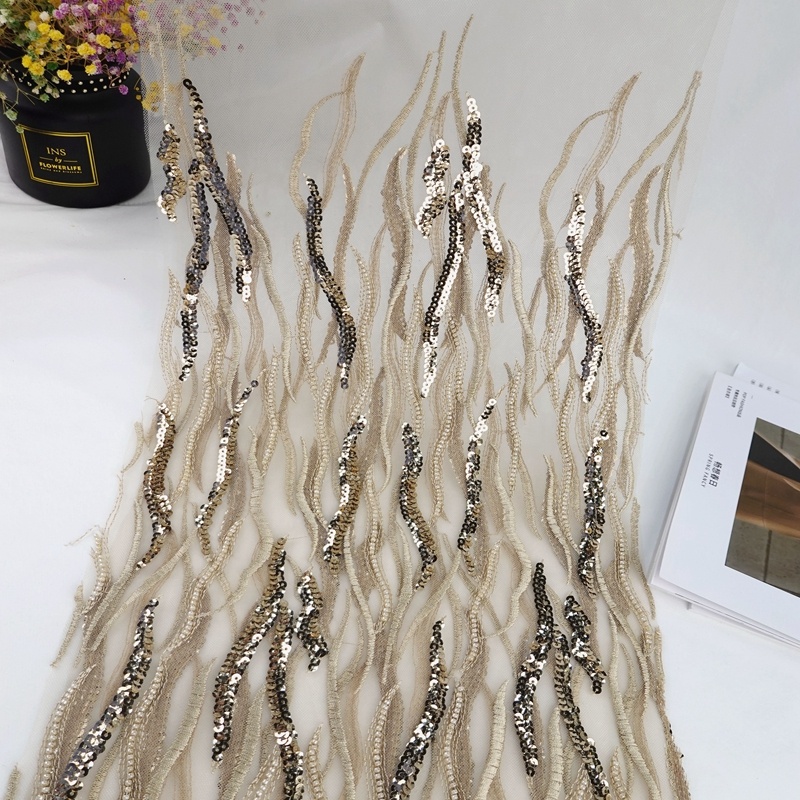 Luxury 100% Polyester Knit Beads Sequin Embroidery Mesh Fabric for Wedding Dress