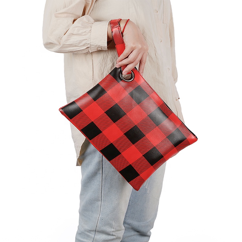 High Quality Monogram Vegan Leather Christmas Clutch Women PU Buffalo Plaid Purse Wristlet