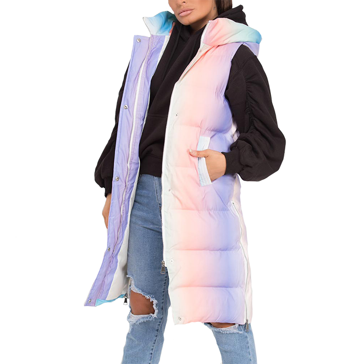 OEM Tie dyed colorful women longline hooded puffer padded vest gilet
